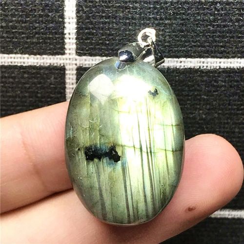 Collier Avec Pendentif En Labradorite Naturelle Jaune Et Bleu, Bijoux Pour Femmes Et Hommes, Cristal, Perles Ovales, Pierre Argent, 29x20x10mm, Aaaaa