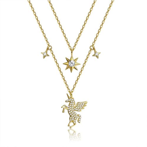 Collier Doré En Argent Sterling 925 Pour Femmes, Pendentif Étoile Et Licorne Scintillantes, Double Chaîne