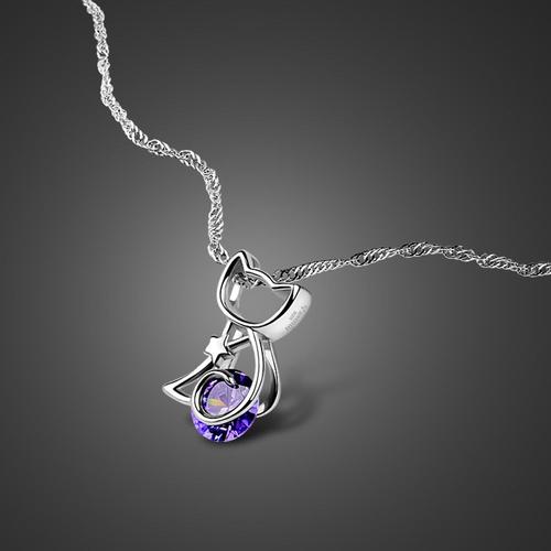 Chaîne Pendentif Chat Mignon En Argent 100% Sterling 925 Pour Femmes Et Filles, Collier En Zircon Violet, Bijoux Fins, Cadeau, Vente En Gros