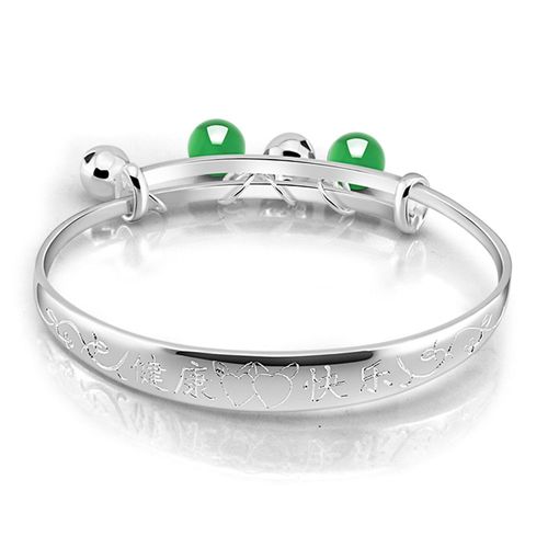 Bracelet En Argent 100% Sterling 925 Pour Enfants Et Bébés, Bracelet Lisse, Pendentif En Pierre Verte, Clochette, Bijou Fin, Cadeau