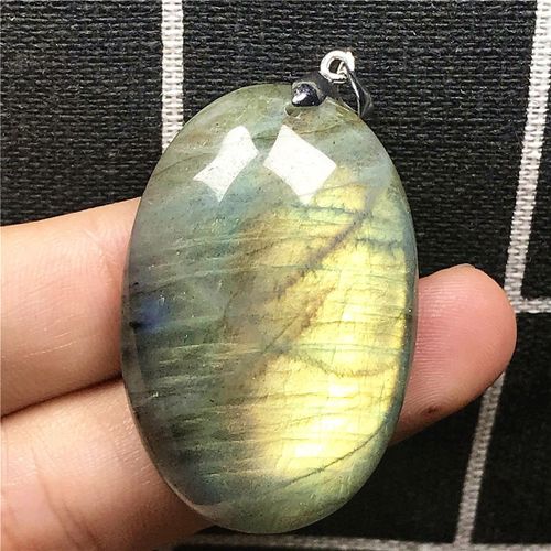 Grand Collier En Labradorite Jaune Naturelle, Pendentif En Cristal Porte Bonheur, 40x27x9mm, Perles Ovales En Argent, Pierre Aaaaa