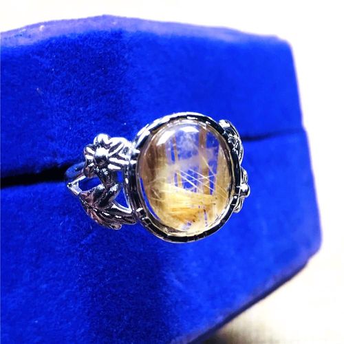 Bague En Quartz Rutilé En Or Naturel Pour Femme Et Homme, 13mm, Perles Ovales En Cristal, Pierre, Argent Sterling, Ajustable, Bijoux Aaaaa