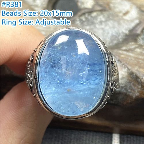 Grande Bague En Aigue Marine Bleue Naturelle Pour Hommes, Bijoux En Cristal, Perles Ovales, Reiki, Argent, Taille Réglable, Pierre Précieuse Aaaaa