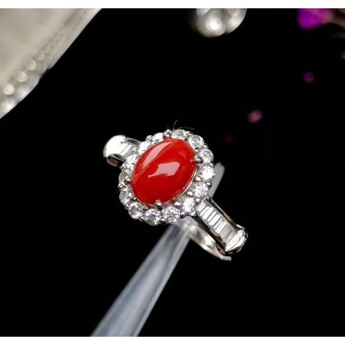 Bague De Luxe En Argent Sterling 925 Incrustée De Pierres Précieuses En Corail Rouge Naturel Pour Femmes, Bague De Détection De Support