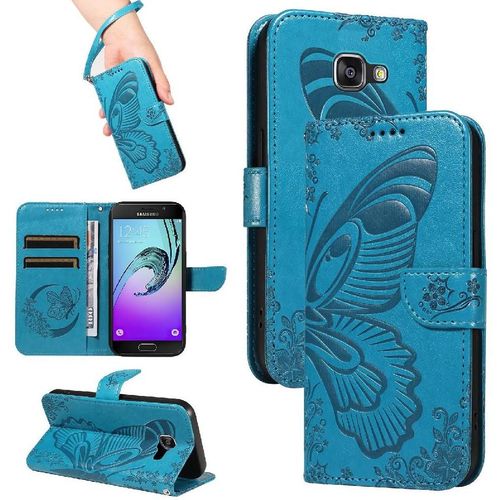 Flip Étui Pour Samsung Galaxy A3 2016 Avec Fente Pour Carte De Crédit Papillon En Relief Sangle De Main Détachable Cuir De Haute Qualité - Bleu