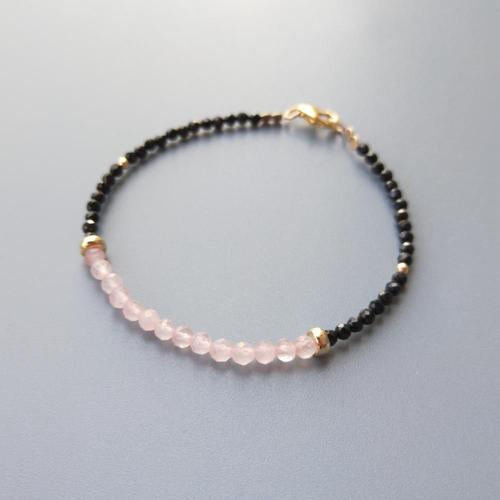 Bijoux En Quartz Rose Véritable, Spinelle Noire, Bracelet De Petites Perles, Rempli D'or, Scintillant, Délicat