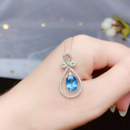 Pendentif En Argent Sterling 925 Incrusté De Topaze Bleue Naturelle Pour Femmes, Collier De Soutien Classique D'inspection