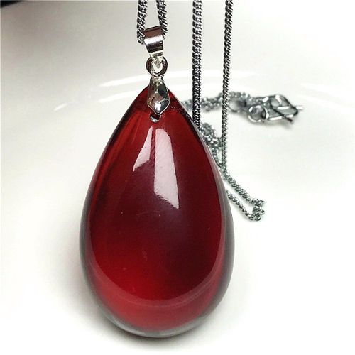 Collier Avec Pendentif Naturel Rouge Sang Ambre Pour Femme Et Homme, Bijoux En Cristal, Perles Goutte D'eau, Chaîne En Argent, 35x21x12mm, Aaaaa
