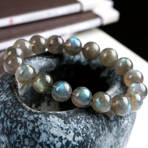 Bracelet En Labradorite Naturelle Véritable, Perles Rondes En Cristal Clair Arc En Ciel Pour Femmes Et Hommes, Pierre De Lune Grise De 11.5mm Aaaaa
