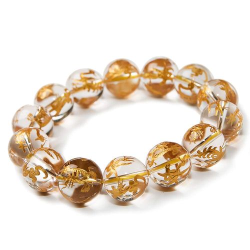 Bracelet En Quartz Blanc Naturel Plaqué Or Pour Hommes Et Femmes, Perles Rondes Transparentes Sculptées En Cristal, 10mm 12mm 14mm 16mm, Aaaaa