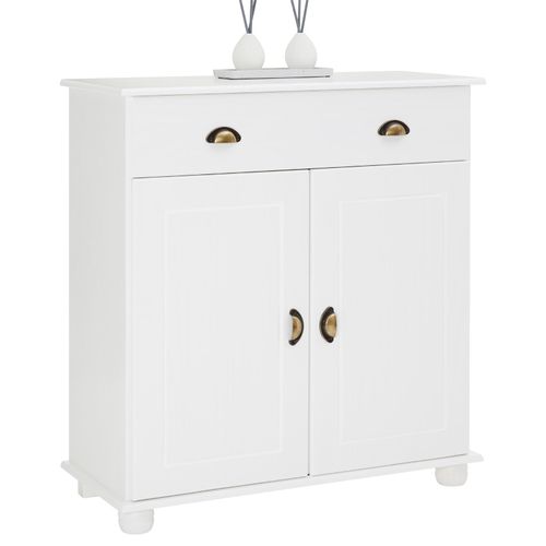 Buffet Colmar Commode Bahut Vaisselier Meuble Bas Rangement Avec 1 Tiroir Et 2 Portes, En Pin Massif Lasuré Blanc