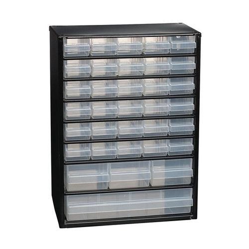 Casier de rangement pour petites pièces l.306xP150xH420 mm tôle d'acier 34 tiroirs polypropylène noir/blanc RAACO
