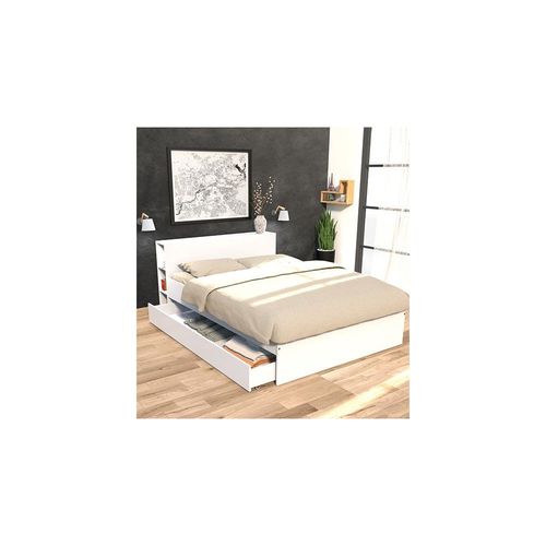 Lit Riga 140x190cm + Tête De Lit + 1 Tiroir / Blanc/ 216x144x80