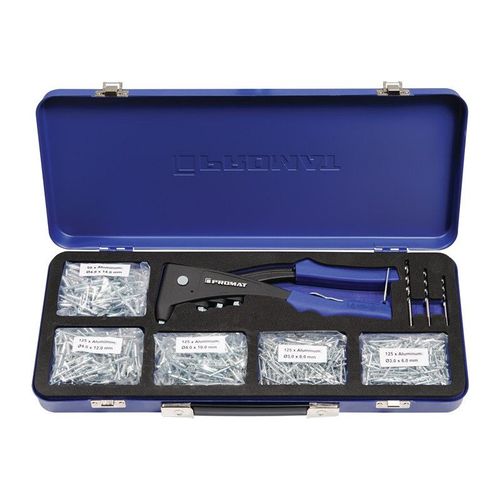 Assortiment de rivets POP 604 pièces pince 4000813025 et rivet POP alu/acier dans mallette en tôle PROMAT