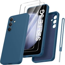 Coque Protection Caméra Pour Samsung Galaxy S23 Fe Avec 2 Pièces Verre Trempé, Coque Samsung S23 Fe 5g Housse De Protection Silicone Antichoc, Mince, Douce, Bleu
