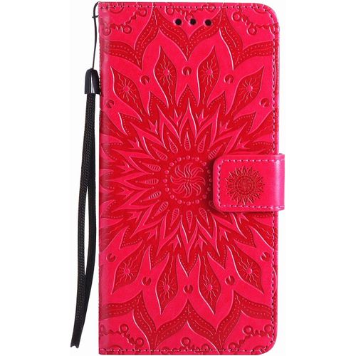 Pour Huawei P30 Lite (Non Pour P30) Coque, Housse Coque Cuir Étui Portefeuille Flip Case Porte Carte Antichoc Magnétique Fleur Motif Elegante Interne Silicone Etui Pour Huawei P30 Lite,Rouge