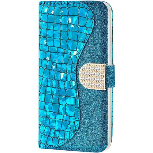 Pour Iphone Se/Iphone 5s / Iphone 5 Coque Etui Case Paillette Housse Cover Étui Portefeuille Cuir Flip Case Avec Magnétique Porte Carte Support Elegante Coque,Bleu