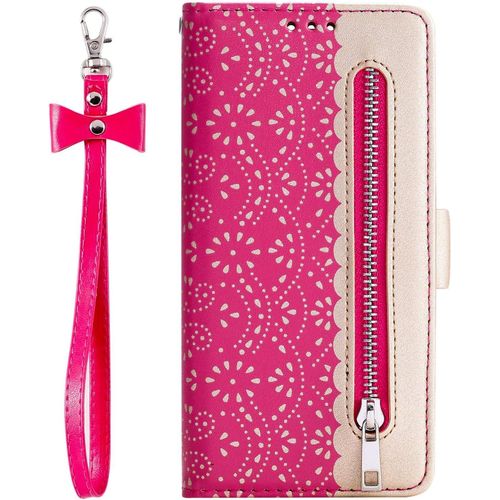 Pour Samsung Galaxy A8 2018 Coque, Etui Flip Case Housse Coque Portefeuille En Cuir Avec Fermeture Éclair Porte Carte Dragonne Wallet Cover Coque Pour Samsung Galaxy A8 2018,Rose Rouge