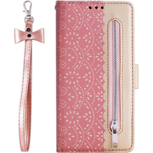 Pour Samsung Galaxy A8 2018 Coque, Etui Flip Case Housse Coque Portefeuille En Cuir Avec Fermeture Éclair Porte Carte Dragonne Wallet Cover Coque Pour Samsung Galaxy A8 2018,Or Rose