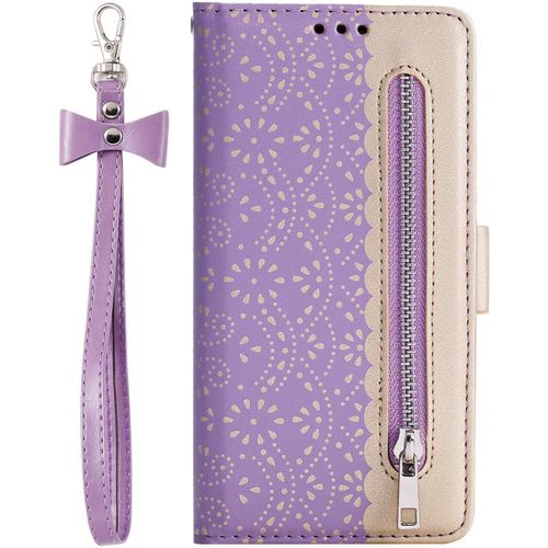 Pour Samsung Galaxy A8 2018 Coque, Etui Flip Case Housse Coque Portefeuille En Cuir Avec Fermeture Éclair Porte Carte Dragonne Wallet Cover Coque Pour Samsung Galaxy A8 2018,Violet