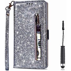 Pour Samsung Galaxy A10s [Pas Pour A10] Coque, Flip Case Étui Paillette Glitter Bling Portefeuille En Cuir Housse Avec Porte Carte Magnétique Cover Téléphone Coque Pour Galaxy A10s,Argent