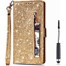 Pour Samsung Galaxy A10s [Pas Pour A10] Coque, Flip Case Étui Paillette Glitter Bling Portefeuille En Cuir Housse Avec Porte Carte Magnétique Wallet Cover Téléphone Coque Pour Galaxy A10s,Or