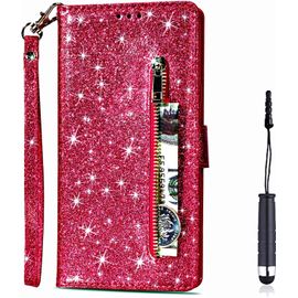 Pour Samsung Galaxy A10s [Pas Pour A10] Coque, Flip Case Étui Paillette Glitter Bling Portefeuille En Cuir Housse Avec Porte Carte Magnétique Cover Téléphone Coque Pour Galaxy A10s,Rose Rouge