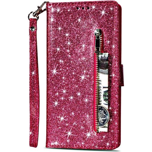 Pour Huawei P40 Pro [Pas Pour P40] Coque, Flip Case Étui Paillette Glitter Bling Portefeuille En Cuir Housse Porte Carte Magnétique Wallet Cover Téléphone Coque Pour Huawei P40 Pro,Rose Rouge
