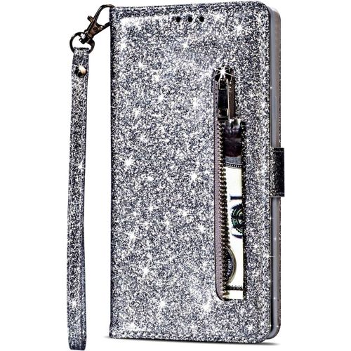Pour Huawei P40 Pro [Pas Pour P40] Coque, Flip Case Étui Paillette Glitter Bling Portefeuille En Cuir Housse Avec Porte Carte Magnétique Wallet Cover Téléphone Coque Pour Huawei P40 Pro,Argent