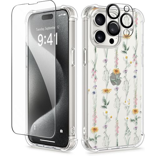 Coque Compatible Avec Iphone 15 Pro Max 6,7"", Avec 2x Protection D'écran + 2x Caméra Arrière Protecteur,Fleur Anti-Jaune Clair Pc Anti-Rayures Housse Étui Antichoc, Vers Le Soleil/Or