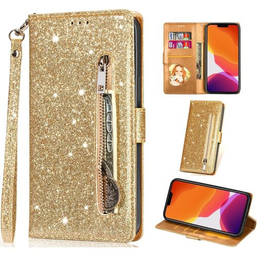 Pour Iphone 13 Pro (Pas Pour Iphone 13) Coque, Flip Case Étui Paillette Glitter Portefeuille En Cuir Housse Avec Porte Carte Magnétique Wallet Cover Téléphone Coque Pour Iphone 13 Pro,Or