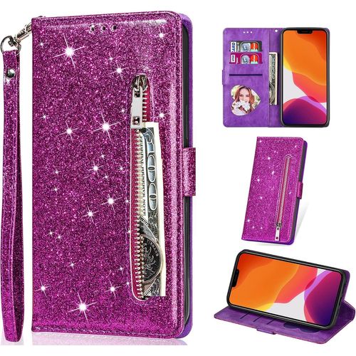 Pour Iphone 13 Pro (Pas Pour Iphone 13) Coque, Flip Case Étui Paillette Glitter Portefeuille En Cuir Housse Avec Porte Carte Magnétique Wallet Cover Téléphone Coque Pour Iphone 13 Pro,Violet