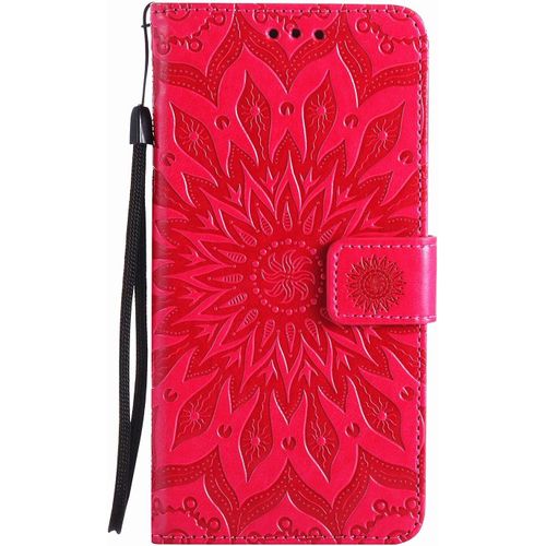 Pour Samsung Galaxy A70 Coque, Housse Coque Cuir Étui Portefeuille Flip Case Porte Carte Antichoc Magnétique Fleur Motif Elegante Interne Silicone Téléphone Etui Pour Galaxy A70,Rouge