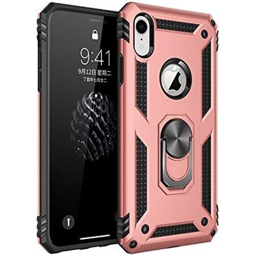 Coque Pour Iphone Xr, Avec Anneau Support, Coque Etui Housse Iphone Xr Antichoc Militaire [Tough Armor] Heavy Duty Shock Proof Protective Housse Pour Iphone Xr- Rose Or