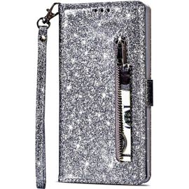 Pour Samsung Galaxy A12 Coque, Flip Case Étui Paillette Glitter Bling Portefeuille En Cuir Housse Avec Porte Carte Magnétique Wallet Cover Téléphone Coque Pour Samsung Galaxy A12,Argent