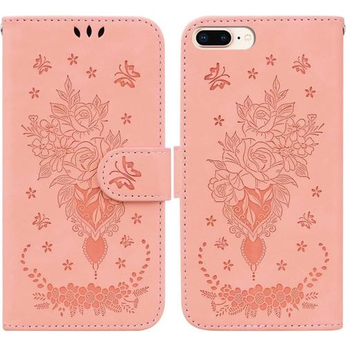 Xfds Cas De Pour Apple Iphone 7 Plus / 8 Plus (5,5 Pouces) Pu Cuir Housse Flip Coque Roseraie Motif Avec Built Stand Magnétique Fermeture Portefeuille Étui De Protection Rose