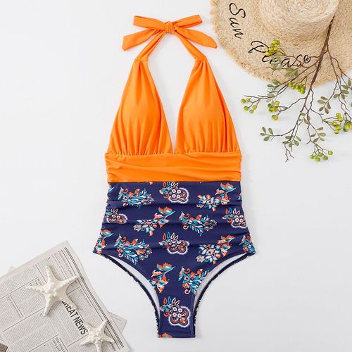 Maillot De Bain Une Pièce,Sexy,Couleur Solide,Décolleté Plongeant En V,Col Licou,À Rayures,Monokini,Pour Femmes,Vêtements De Plage,2024