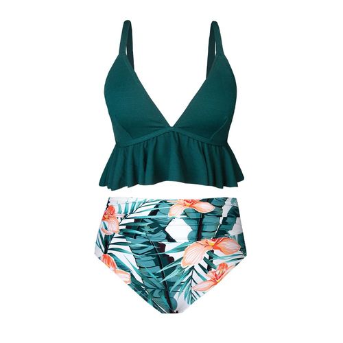 Bikini Taille Haute Pour Femmes,Maillot De Bain Deux Pièces,Grande Taille,À Volants,Vert Et Floral,Sexy,2022