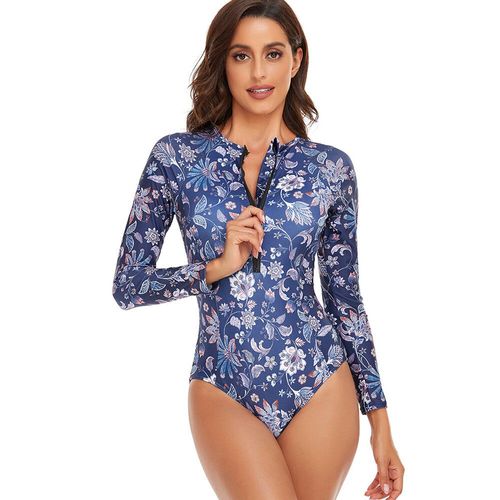 Maillot De Bain Une Pièce Imprimé Pour Femme,Vêtement Athlétique À Manches Longues,Rashguard,Demi-Fermeture Éclair,Média