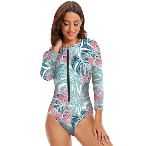 Maillot De Bain Une Pièce Imprimé Pour Femme,Vêtement Athlétique À Manches Longues,Rashguard,Demi-Fermeture Éclair,Média