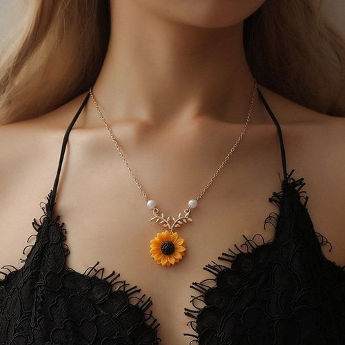 Collier Long Avec Pendentif En Forme De Feuille De Tournesol Pour Femmes, Plaqué Or Jaune