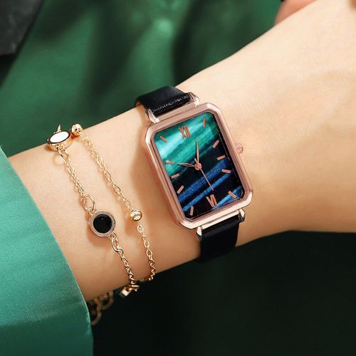 Montre De Luxe Pour Femmes, Bracelet En Cuir, Quartz Simulé, Rectangle, Mode, Or Rose, Couple Romantique, Nouvelle Collection