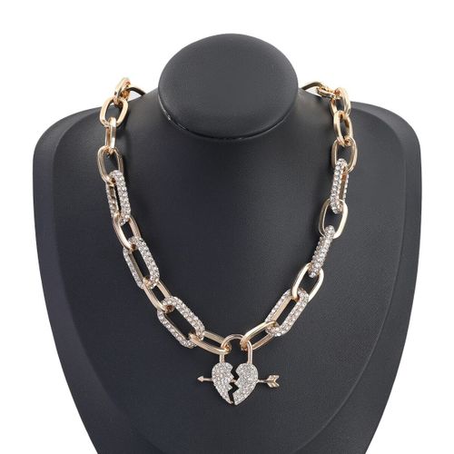 Collier Chaîne Simple Avec Serrure Pour Femmes, Pendentif En Strass, Doré, Argent, Métal, Vintage, Hip Hop, Bijoux Gothiques