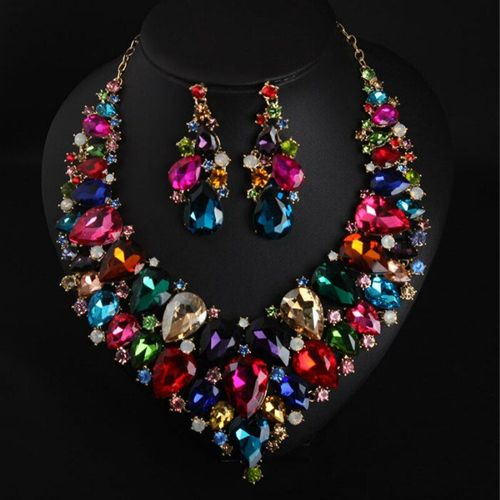 Collier Et Boucles D'oreilles En Verre Multicolore, Ensemble De Bijoux Pour Femmes, Accessoires De Fête De Mariage