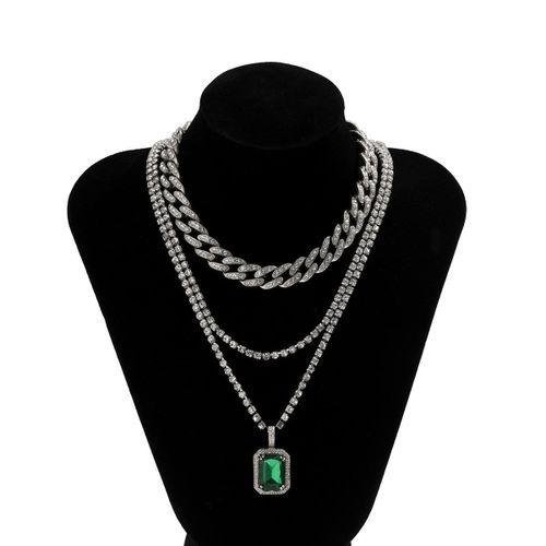 Collier Hip Hop Multi Couches Pour Femmes, Chaîne En Cuivre, Strass, Cristal Vert, Pendentif, Breloque Rétro, Punk Rock, Bijoux