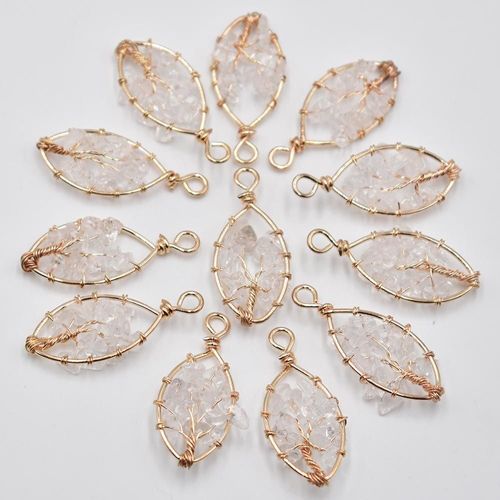 Pendentifs Enroulés En Pierre Naturelle, 12 Pièces/Lot, Cristal Blanc, Arbre De Vie, Fil De Couleur, Fait À La Main, Pour Le Marquage De Bijoux, Vente En Gros