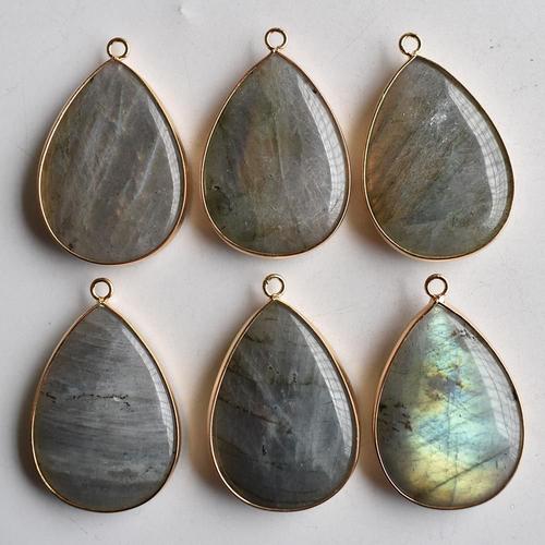 Pendentif En Pierre Labradorite Naturelle, 6 Pièces/Lot, Goutte D'eau, Connecteur Couleur Or, Accessoires, Vente En Gros