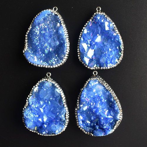 Pendentif En Pierre De Quartz Bleue, 4 Pièces/Lot, Pendule Druzy, Collier À Breloques En Pierre Naturelle, Pour La Fabrication De Bijoux, Vente En Gros
