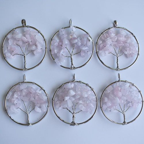Pendentifs Enroulés En Fil De 50mm, Pierre Naturelle Rose, Arbre De Vie, Faits À La Main, Pour Marquage De Collier, Vente En Gros, 12 Pièces/Lot