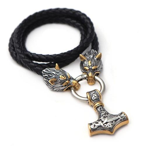 Colliers Tête De Loup Celtique En Acier Inoxydable Pour Hommes, Ancre Viking, Pendentif Marteau Mjolnir, Chaîne En Cuir, Bijoux Amulette Nordique Végétvisir